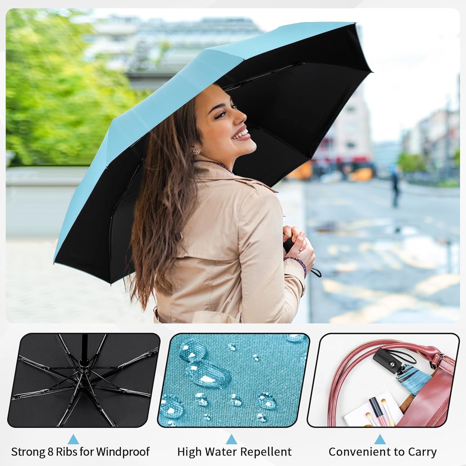 Yoobure Windproof Travel Umbrella - Automatic Umbrellas for Rain, Compact Foldin