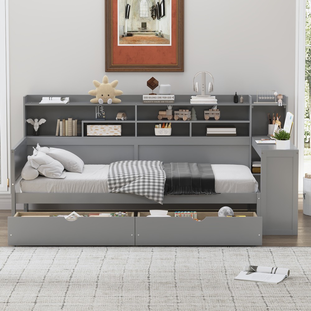 Twin Daybed w/ Storage & Desk, Wood Frame, Gray - Space Saving Design