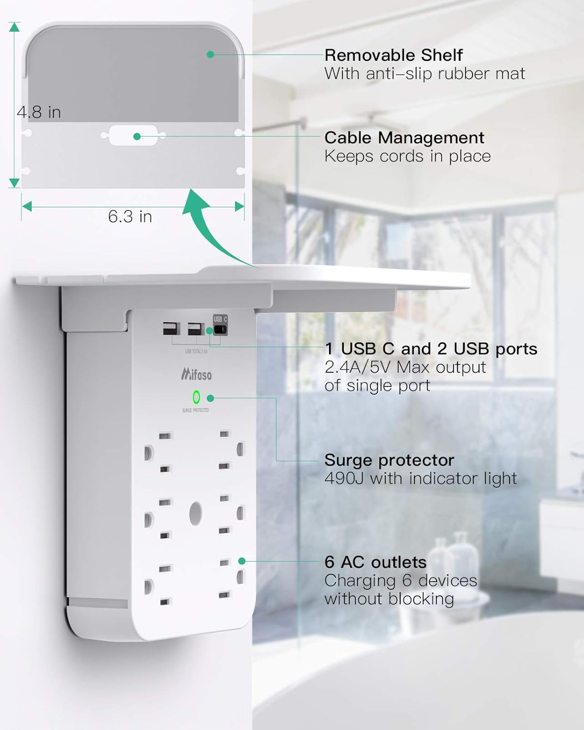 Wall Outlet Extender with Surge Protector 6 AC Outlets Shelf 2 USB & USB C
