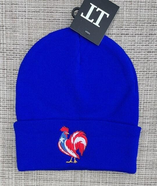 Puerto Rico Rooster with Flag Beanie Adult Unisex Royal 100% Acrylic Embroidered