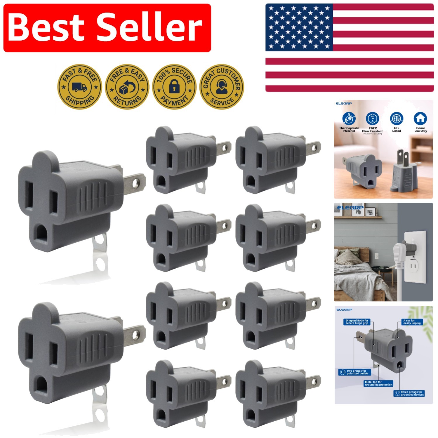 Safe and Reliable 2 to 3 Prong Electrical Adapter - 10 Pack, Portable Design