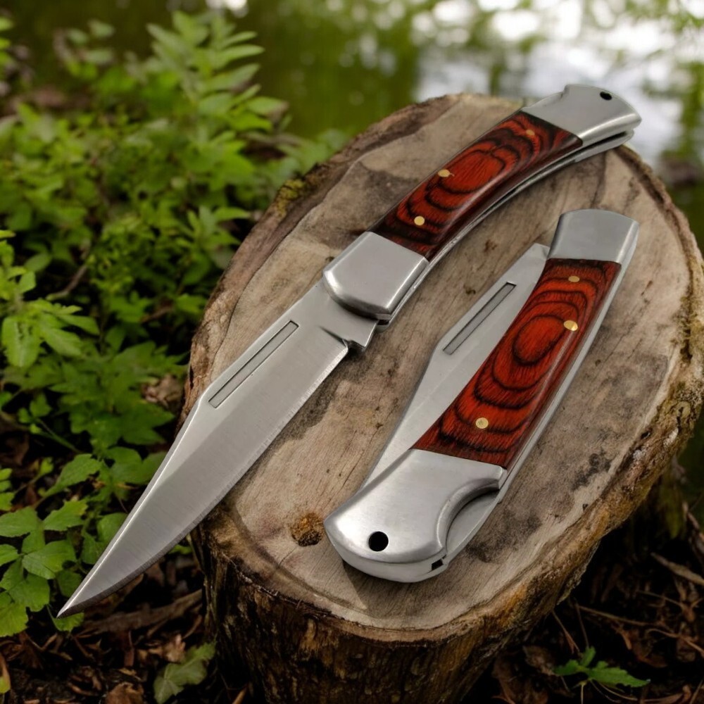 FOLDING POCKET KNIFE |Rite Edge Silver Blade Rosewood Handle Lockback Hunter EDC