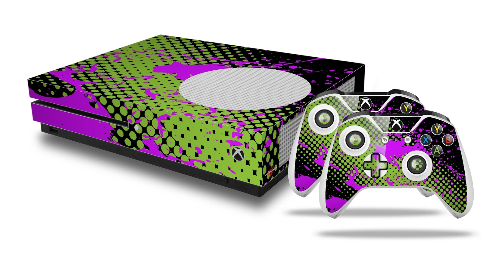 Skin XBOX One S Console Controller Halftone Splatter Hot Pink Green