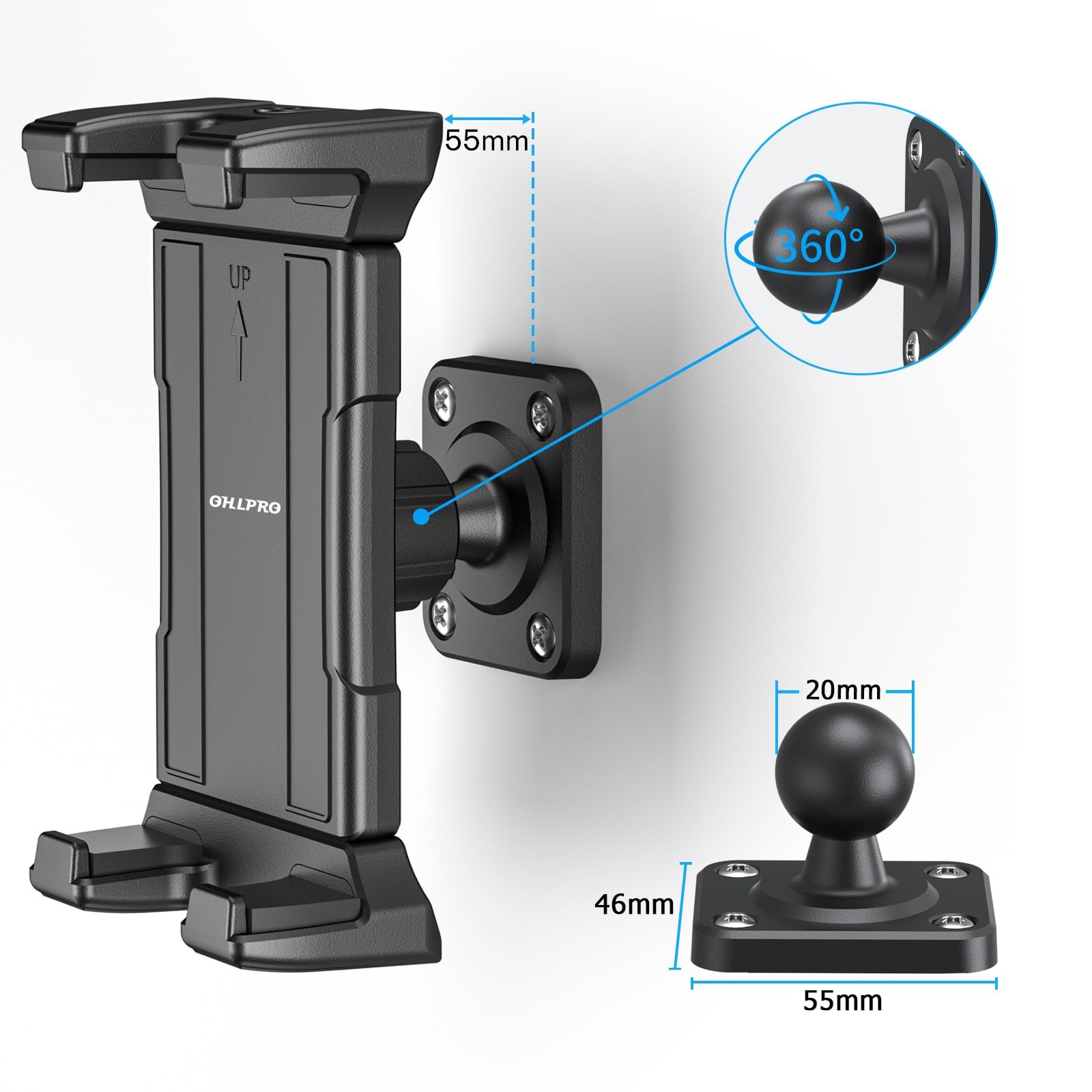 OHLPRO Universal Tablet Wall Mount Holder for Drilled Base without Arm, Black