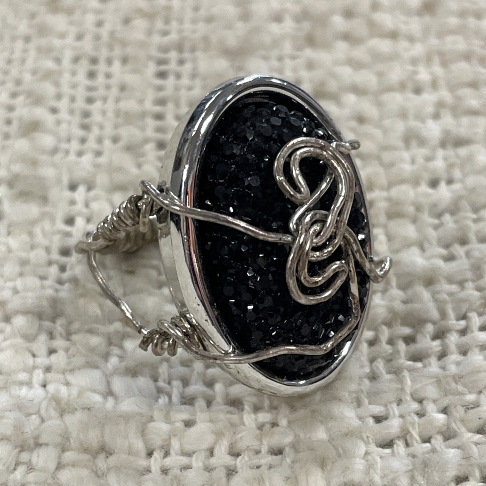Silver Toned Wire Wrapped Black Druzy Handmade Ring Size 9