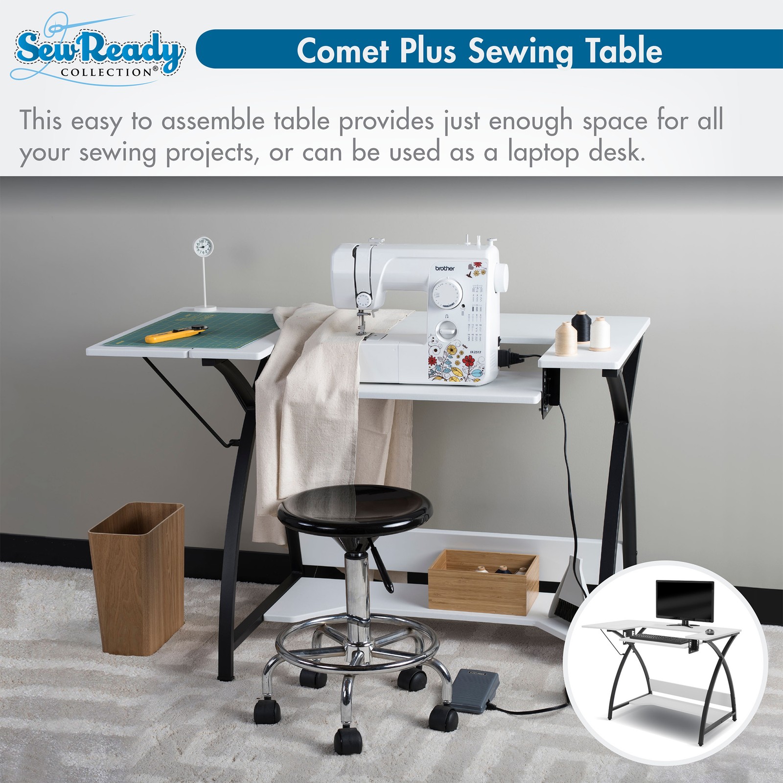 Sew Ready Comet Plus Hobby and Sewing Table with Side & Lower Shelf, Black/White