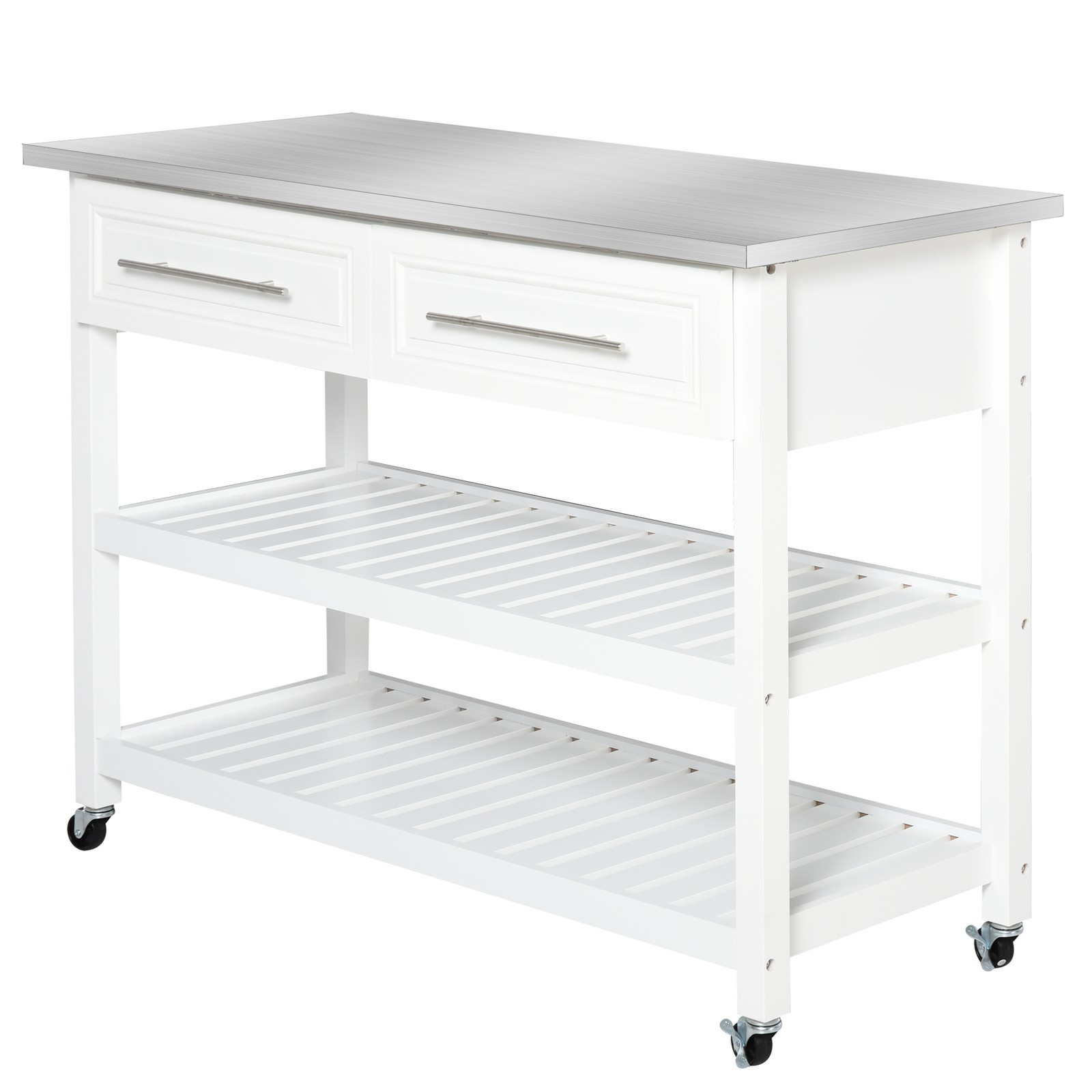 Kitchen Island with Stainless Steel Top, Shelves, Drawers - White