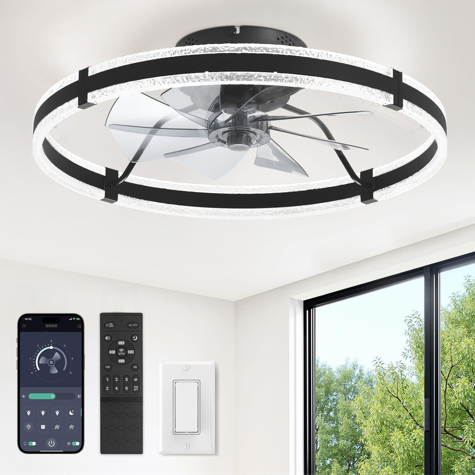 LEDIARY Ceiling Fans with Lights and Remote, 24'' Low Profile 24 INCH, Black