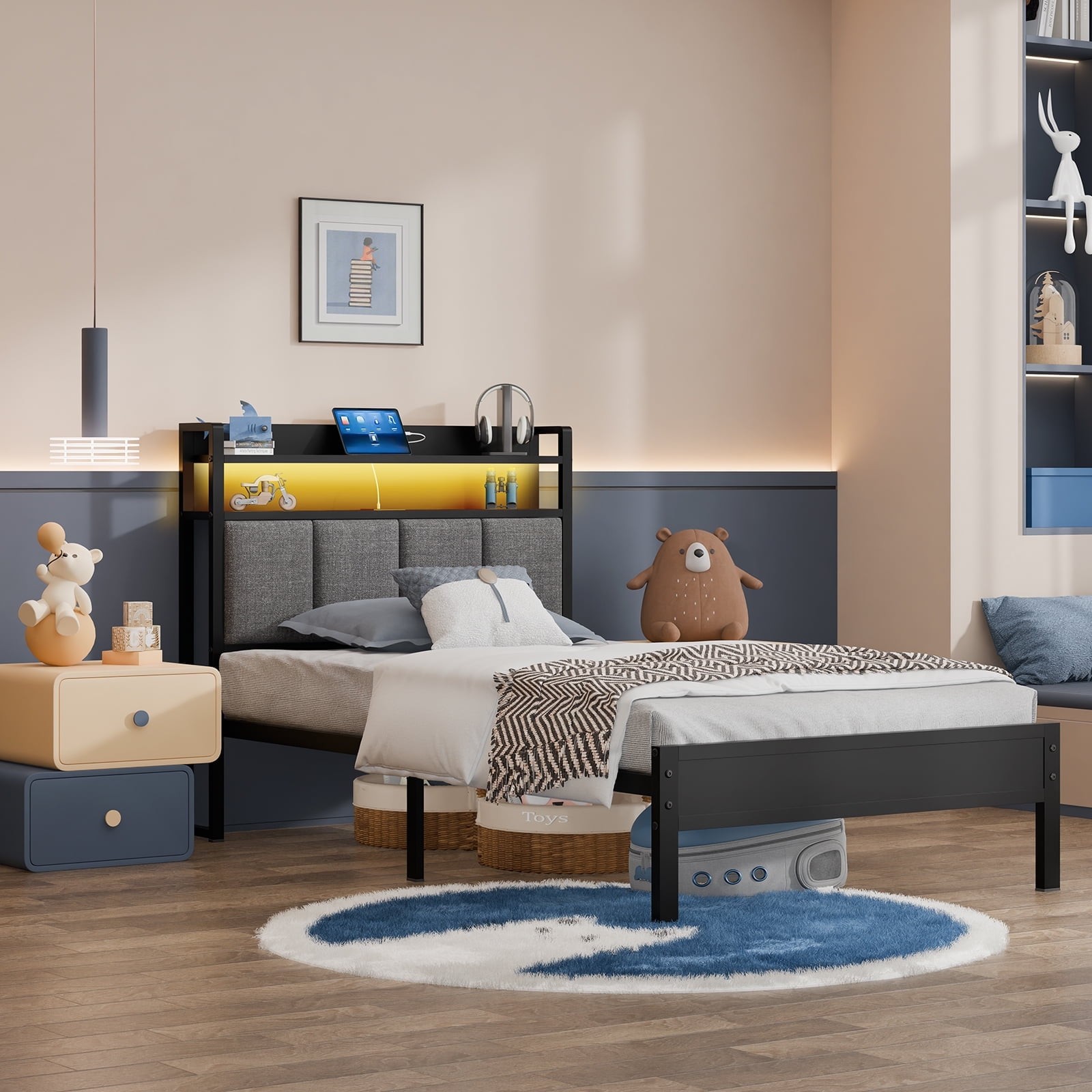 Storage Metal Platform Bed Frames with LED Light, Twin