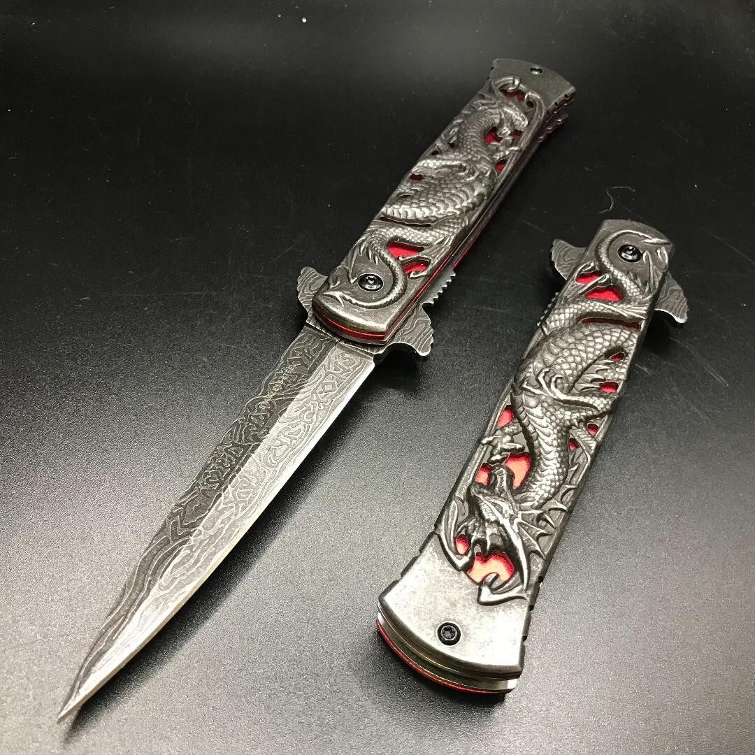 8.75” Dragon  Engraved Spring Open Assisted Tactical EDC Folding Pocket Knife
