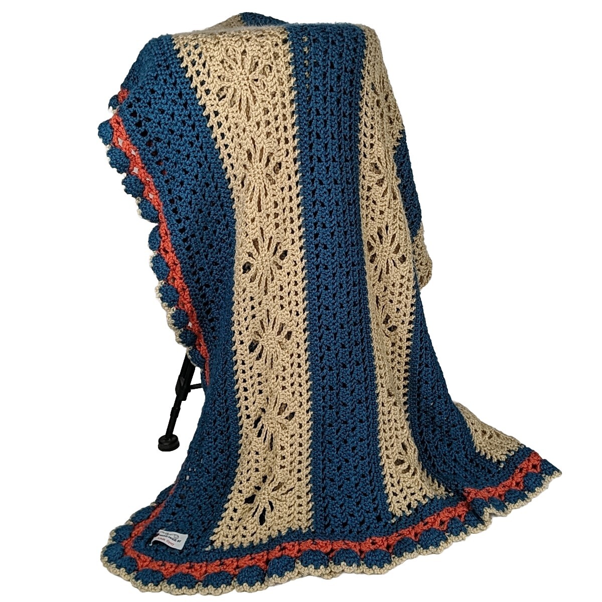 Handmade Crochet Afghan Open Weave Throw Blanket Blue Orange Approx 64" X 82"