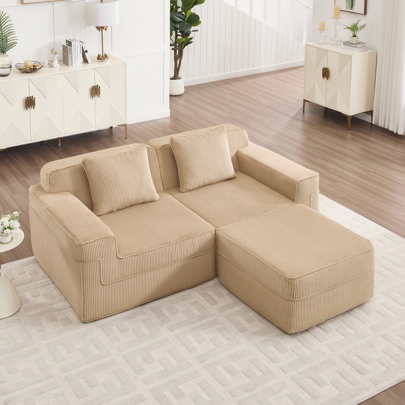 L-Shape Sectional Sofa, 2-Seat Corduroy Couch with Ottoman & Pillows, Camel