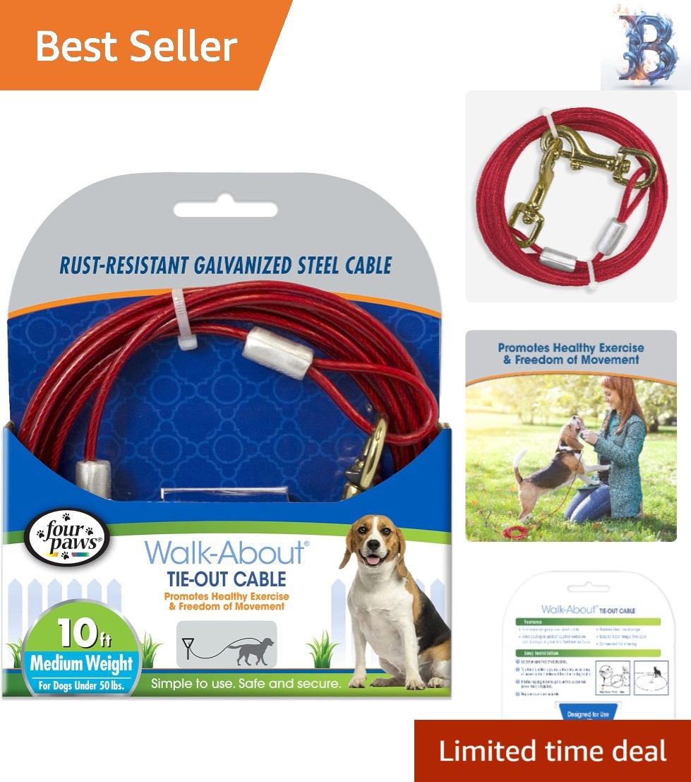 10 Foot Rust-Resistant Dog Tie Out Cable - Ideal for Active Dogs Under 50 lbs