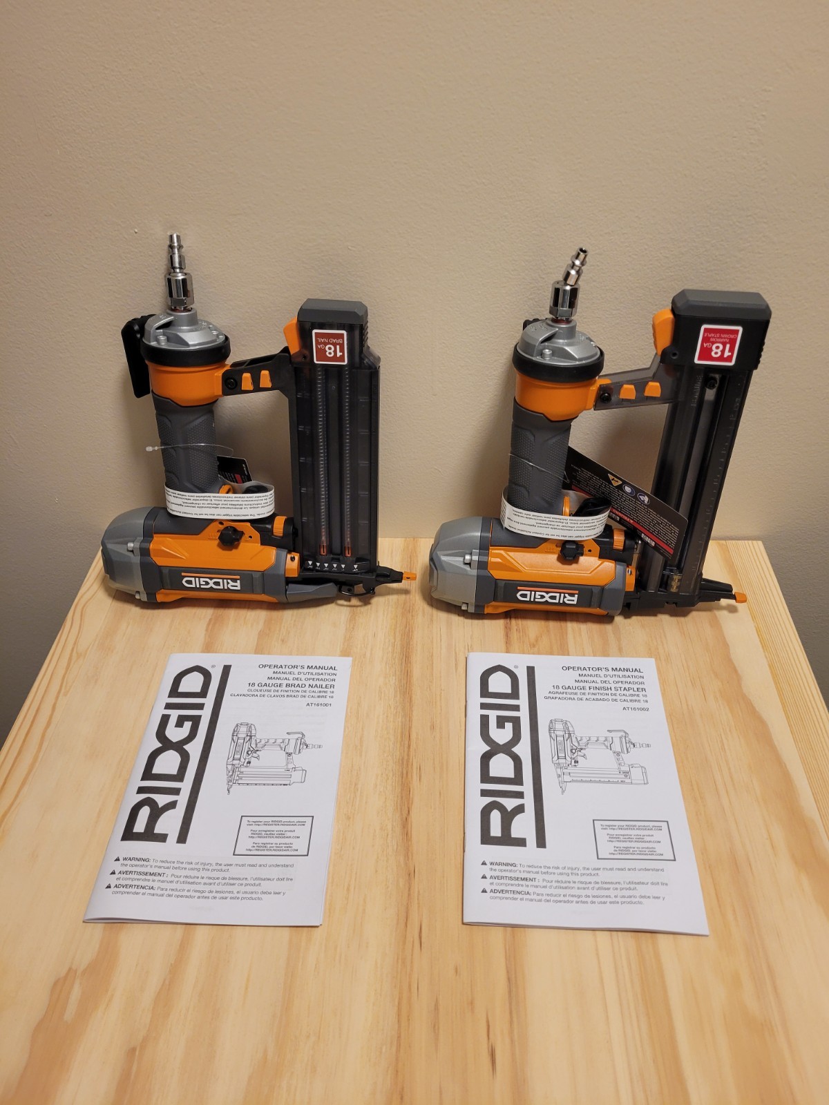 Set of RIDGID 18G Pneumatic Brad Nailer AT161001 & 18G Finish Stapler AT161002