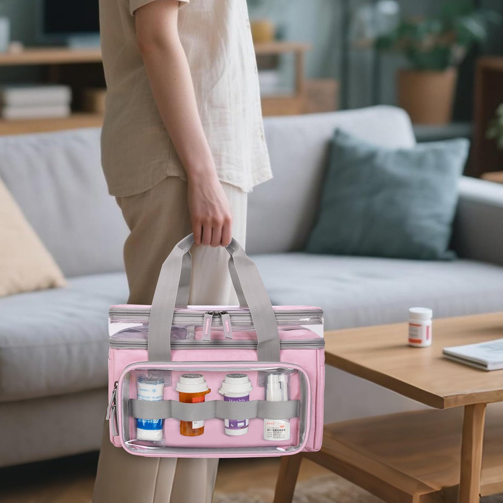 Double-Layer Medicine Bag with Transparent Compartment, Pill Bottle Organizer