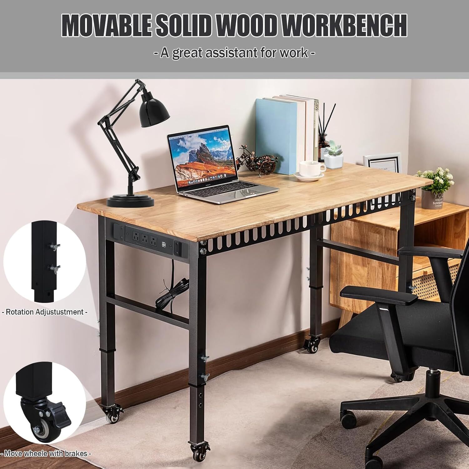 Workbench Power Outlet 2000LBS Load Capacity 48 "Adjustable Workbench & Wheels