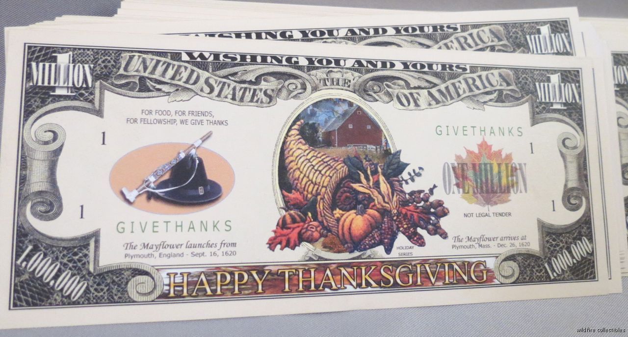 WHOLESALE LOT OF 100 THANKSGIVING MONEY DOLLAR BILL USA Pilgrims Mayflower US