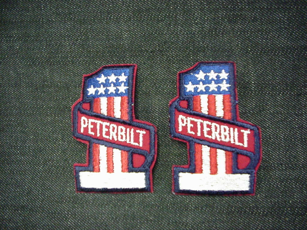 PAIR VINTAGE NOS PETERBILT 1 EMBROIDERED HAT PATCH  SEMI TRUCK RED WHITE BLUE