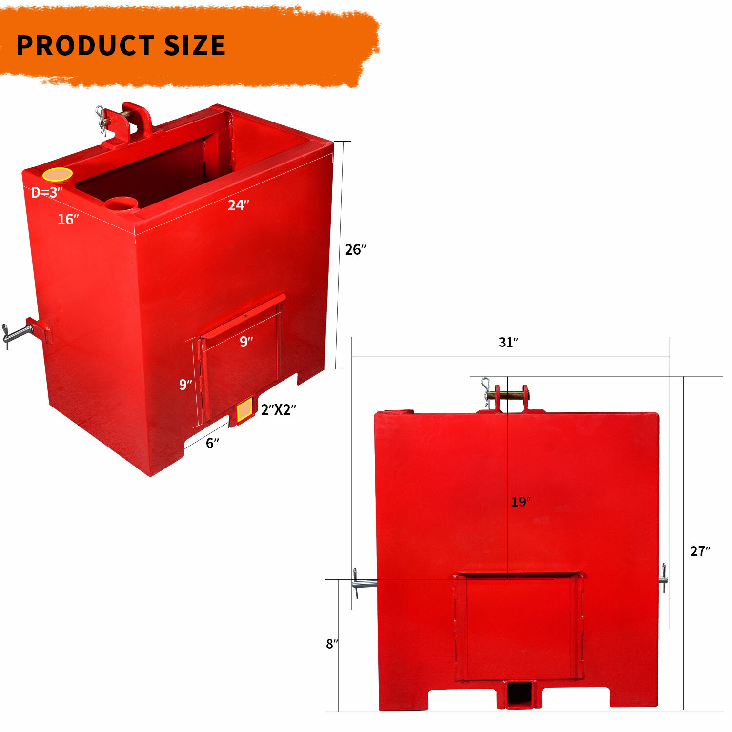 Ballast Box 3 Point Category 1 Tractor Loader 2" Hitches Quick Tach Attachment