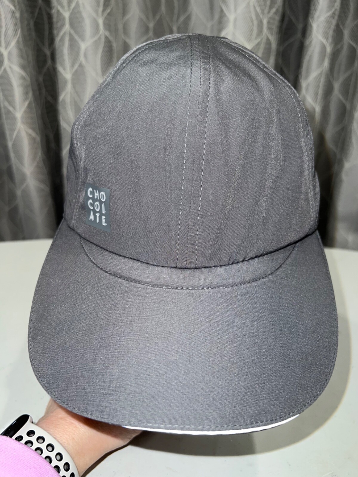 Allstate Hot Chocolate 15K 5K Gray Poly spandex Running Hat Cap Hook Loop EUC