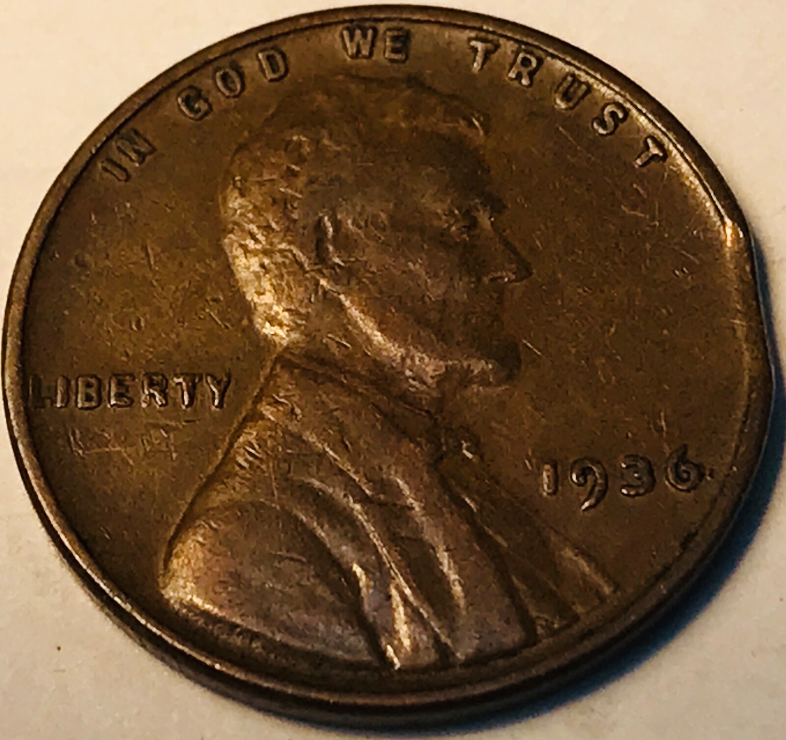 1936 Lincoln Wheat cent with curved clip