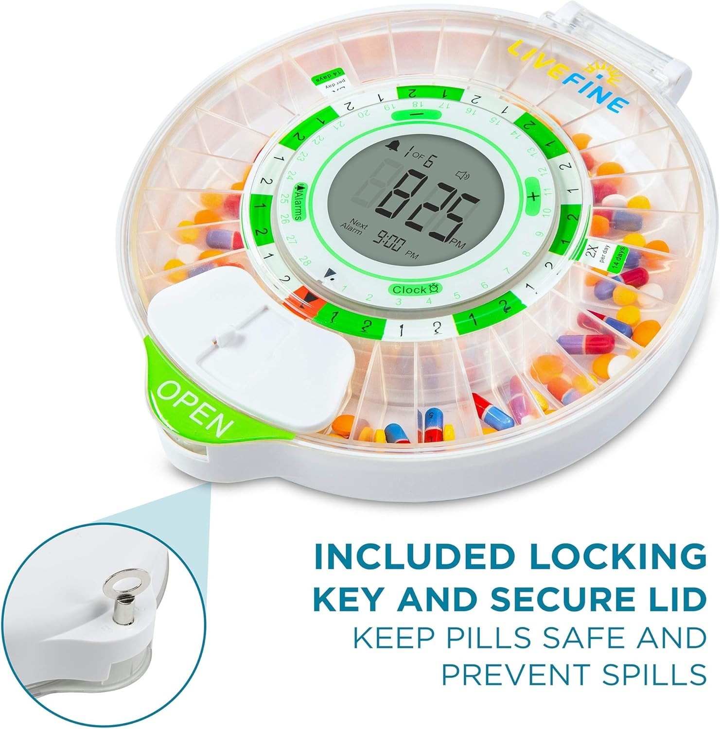 Automatic 28-Day Medication Organizer with Adjustable Sound and Visual Alarms