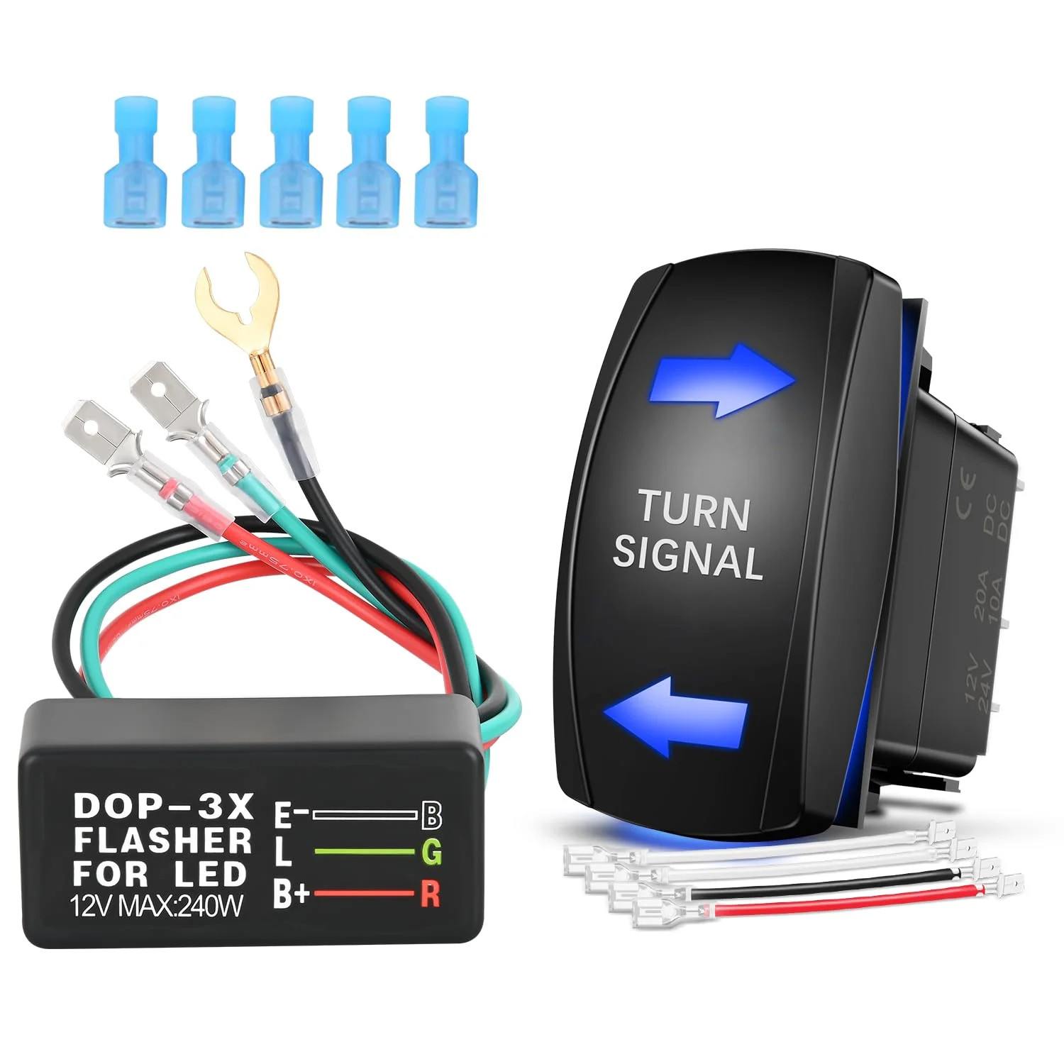 Turn Signal Switch with Flasher Relay Kit 4PIN ON Off ON Rocker Switch w/Blue LE