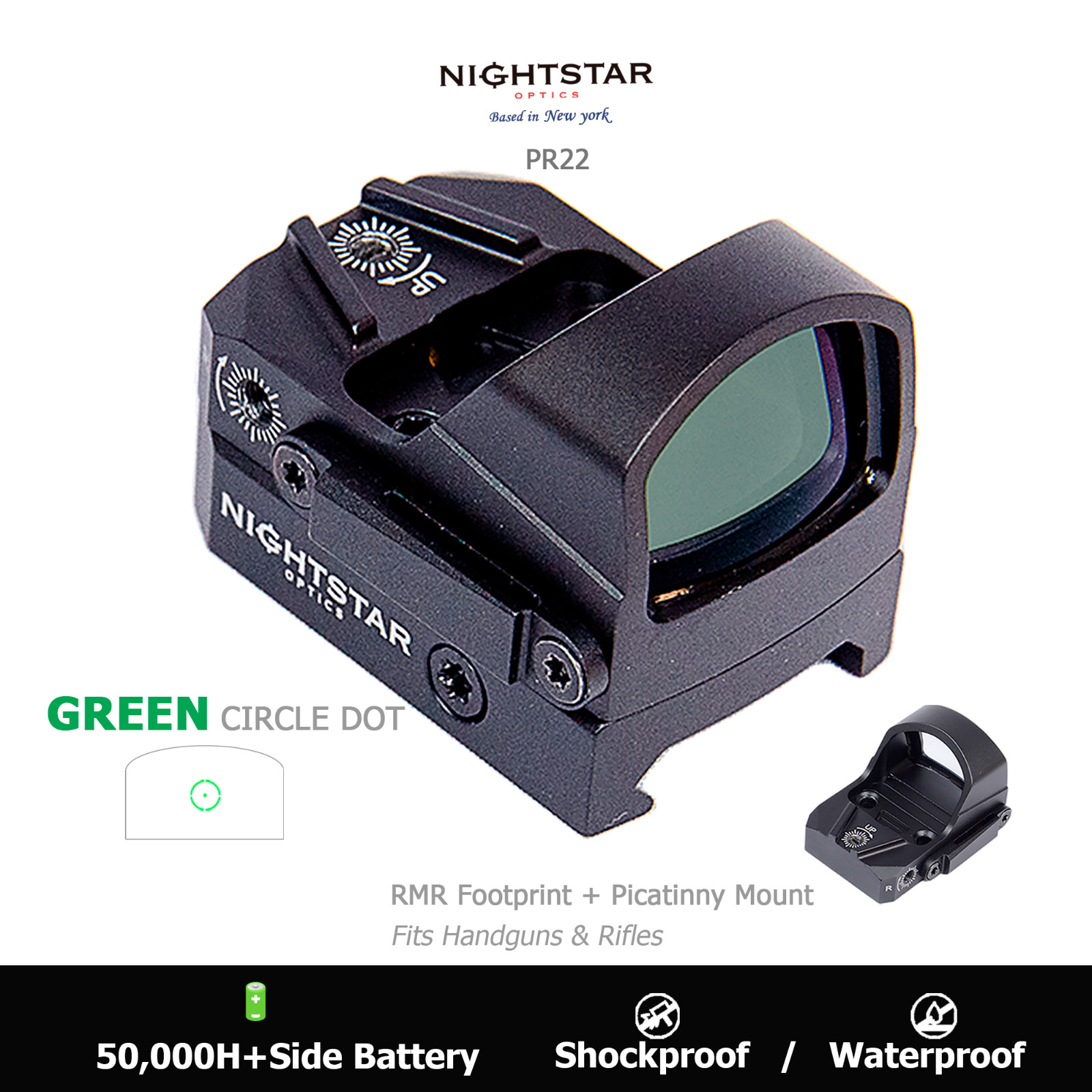 PR22 Reflex Green Dot and Circle Reticle Side Loaded Long Battery Life