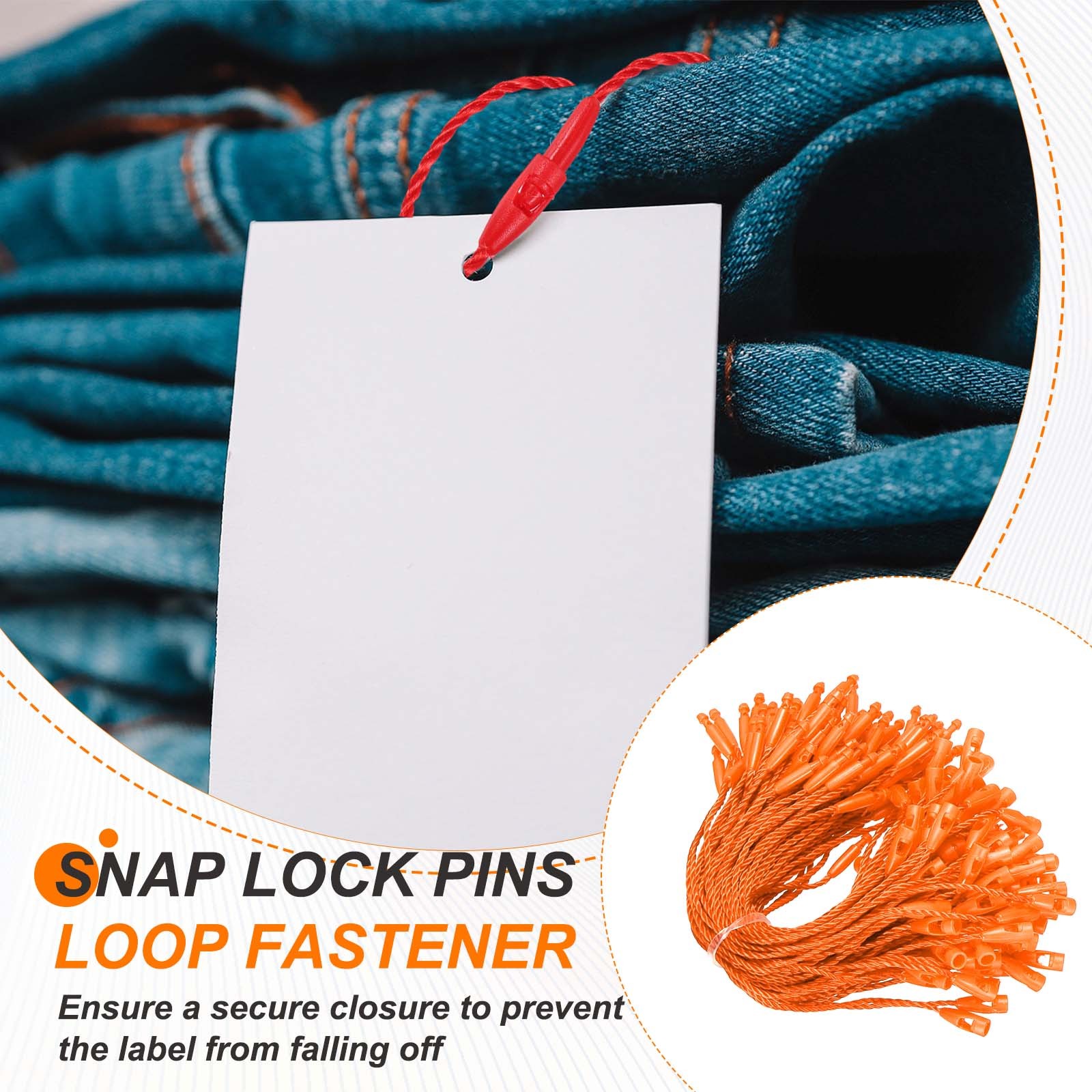 500 Pcs Polyester Hang Tag String 5" Snap Lock Pins Loop Fastener, Orange