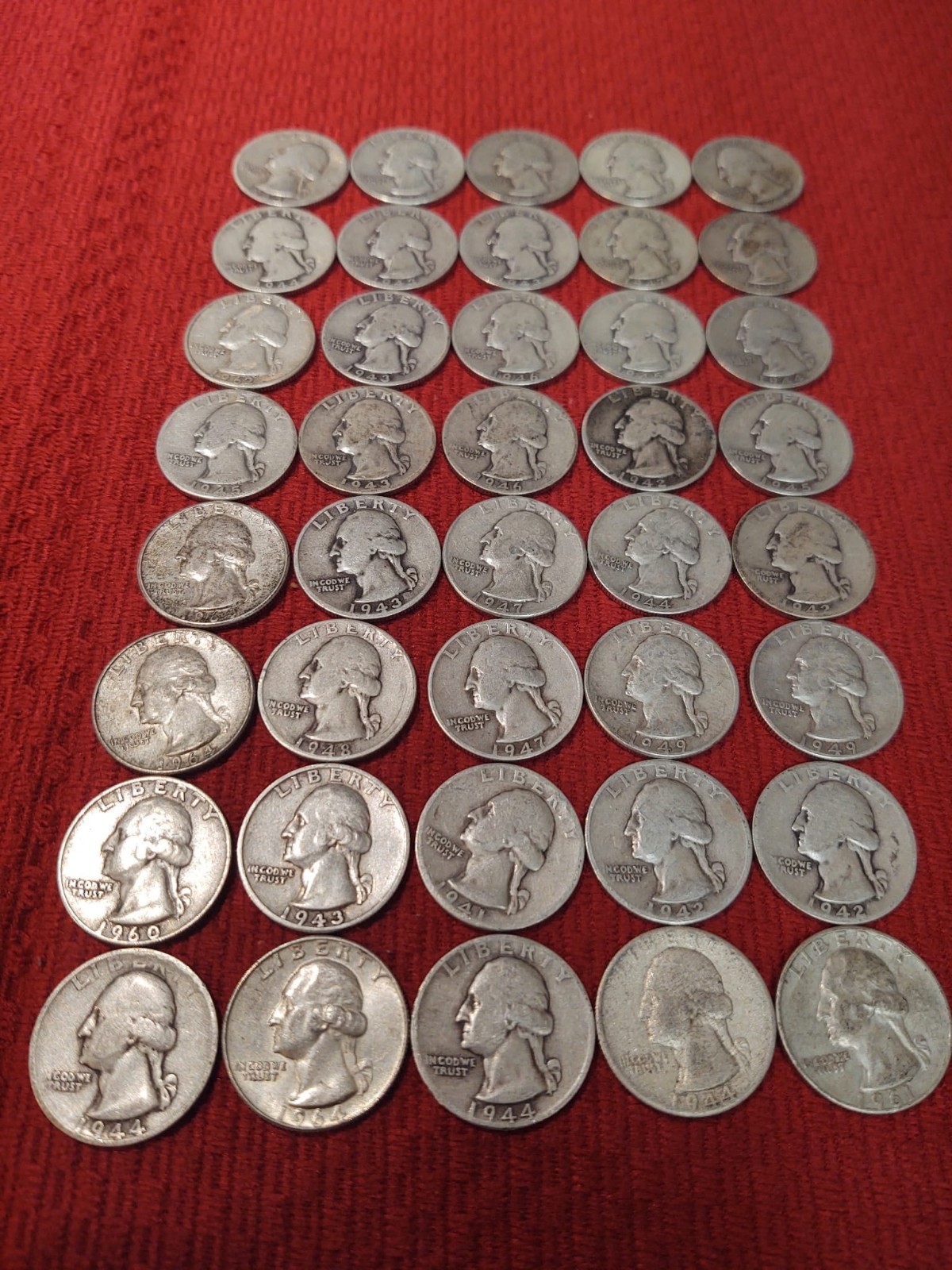 Full Roll of 40 Silver Quarters Washington 1940's Mixed Dates and a few 1960's