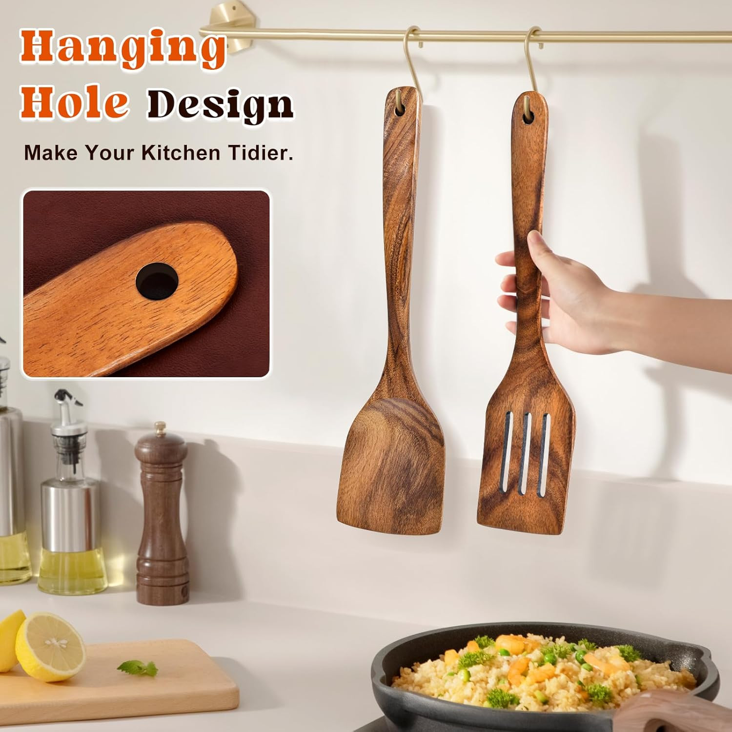 2Pcs Wooden Spatula, Acacia Solid & Slotted Turner Spatula Set, Long Handle Flat