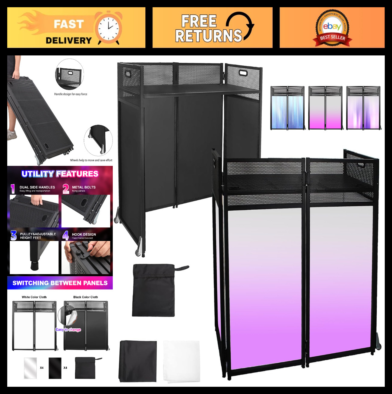 Portable DJ Facade Booth Table 43"x22" - Black & White Lighting Scrims, Metal Fr