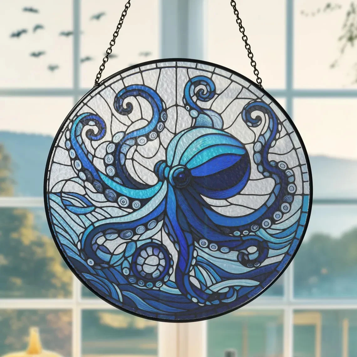Personalized Blue Octopus Stained Glass Suncatcher, Decor Gift