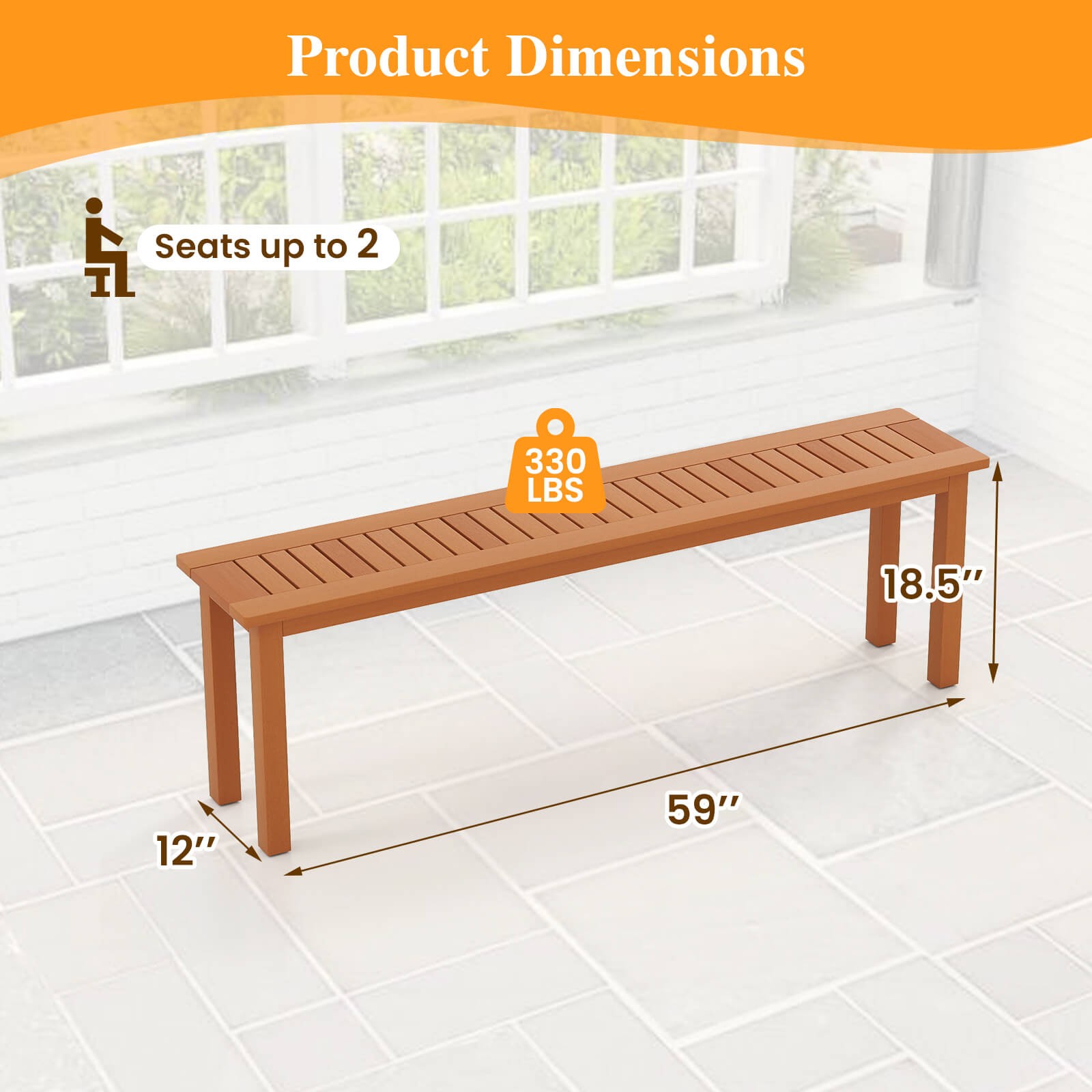 2PCS 59" Long Patio Dining Bench w/ Teak Oil Finish & Slat Seat Accent Entryway