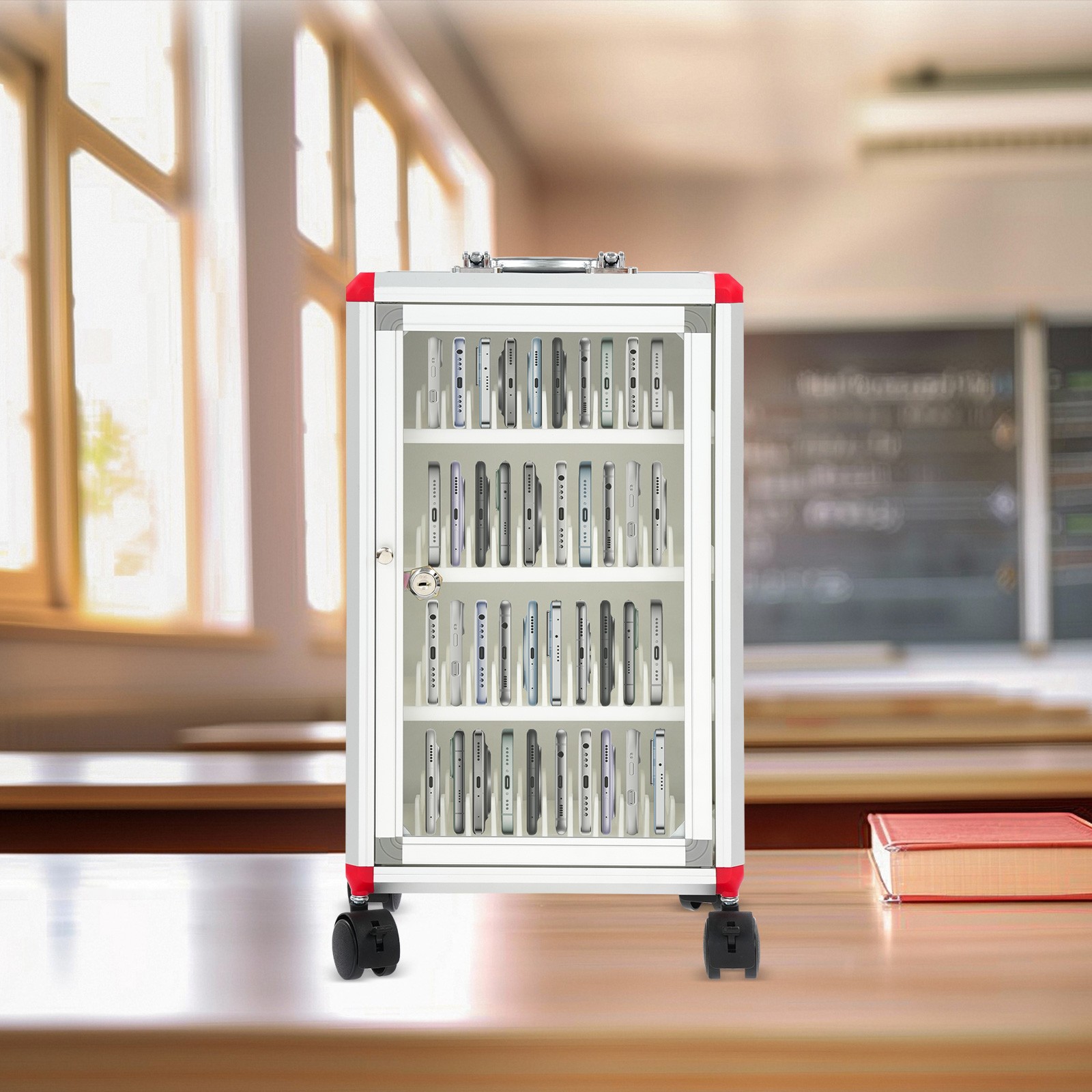 48-Slot Mobile Phone Storage Cabinet with Lock and Rolling Wheels