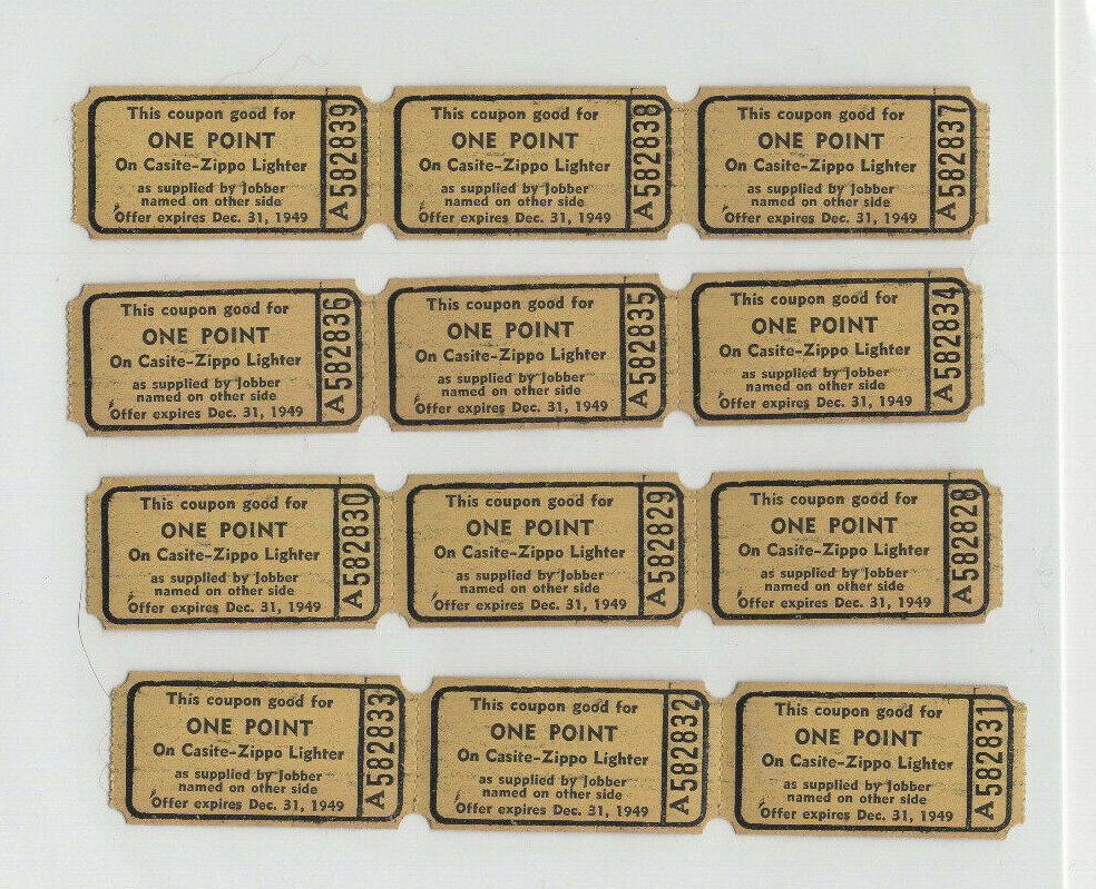 21 Original Vintage 1949 Zippo Lighter Coupon Tickets, Unused