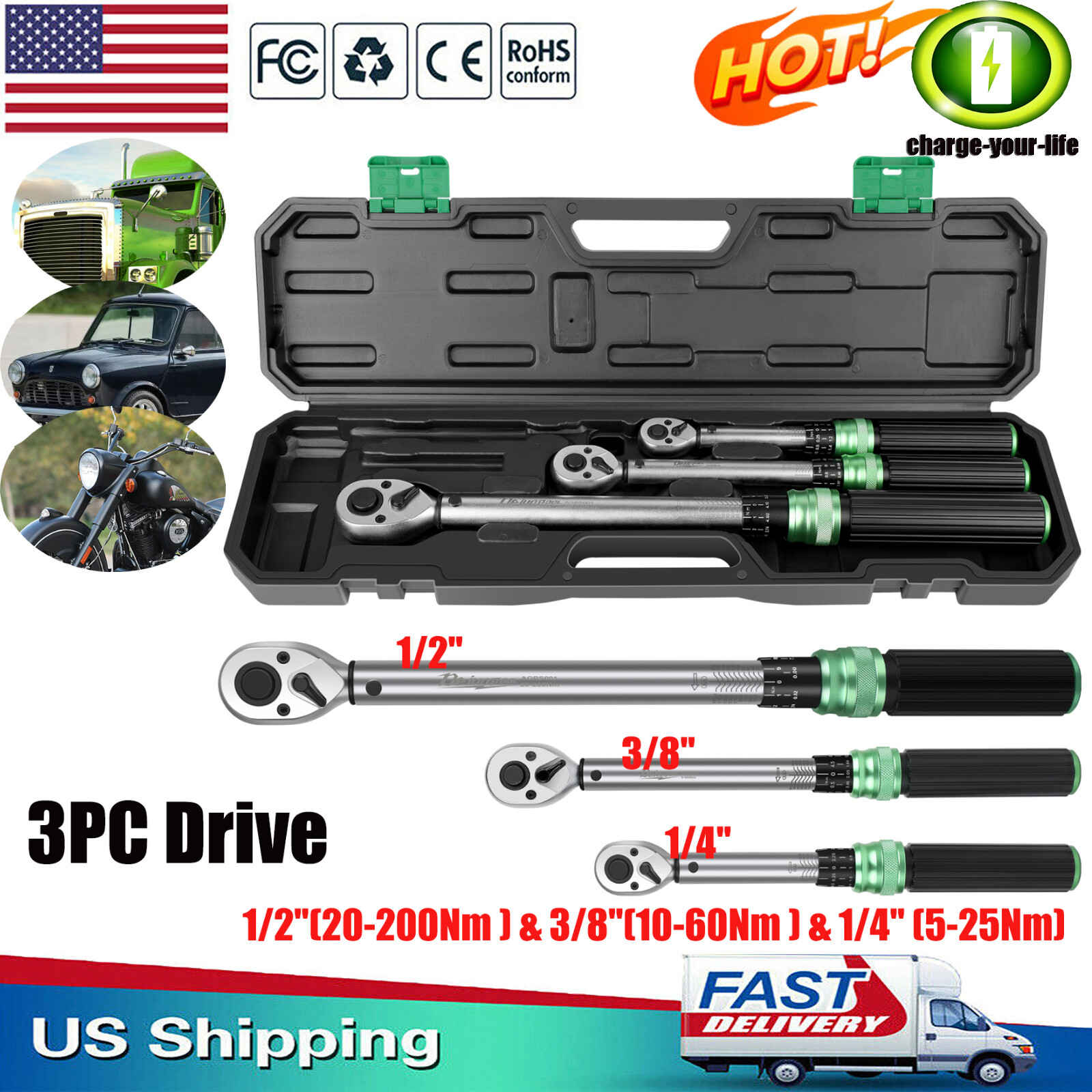 ✅Dejunpool Torque Wrench 3Pc 1/4" 3/8" 1/2" Drive Adjustable 5Nm- 200Nm Upgraded