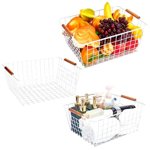 white wire baskets with Wooden Handles for storage pantry, Large New-White3