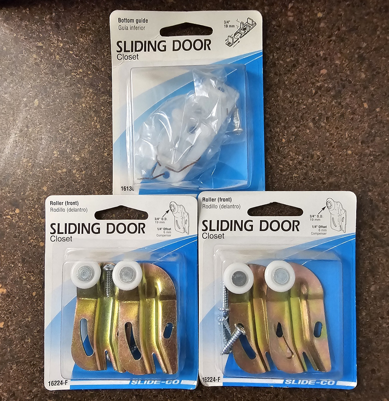 Slide-Co Sliding Closet Door Hardware 16136 Guide & 16224-F Rollers, 3-Pack