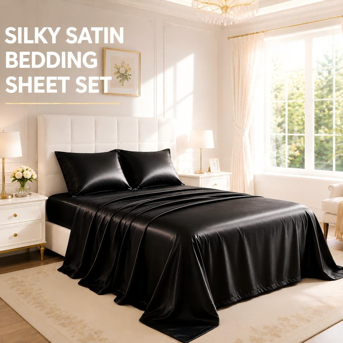 Full Size Satin Sheets 4 Piece Silky Bed Sheet Set W/ Smooth Silky Surface