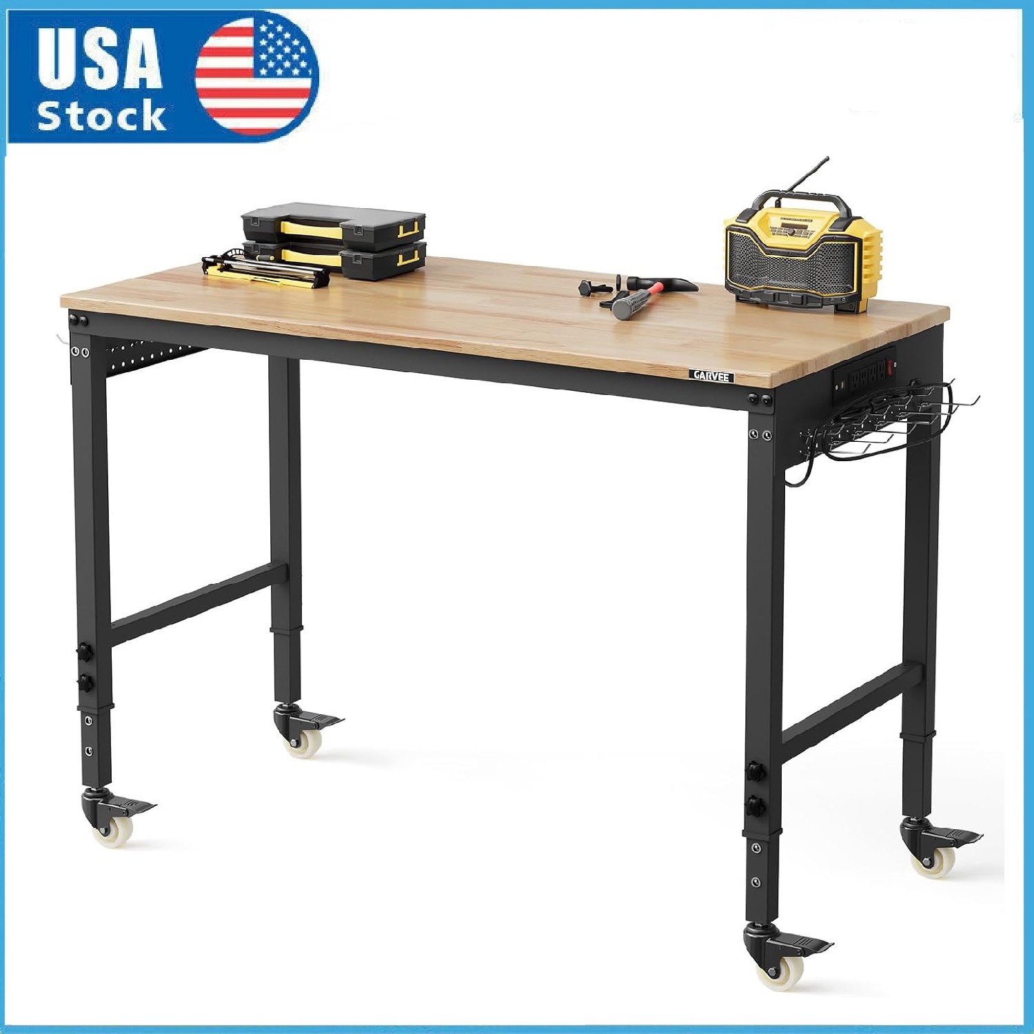 48" Workbench Adjustable Work Table Garage 2000LBS Load w/Power Outlet & Wheels