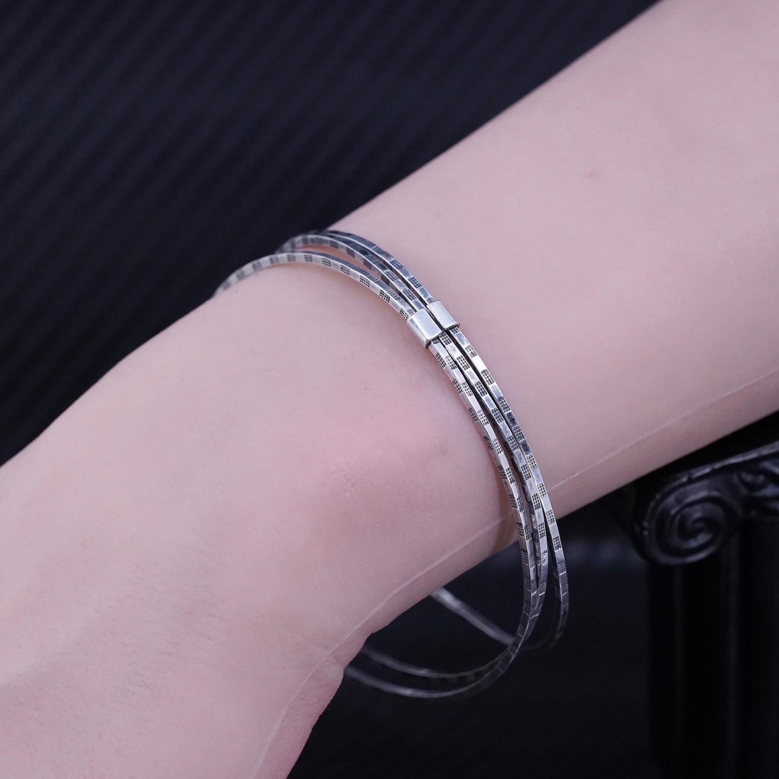 7.75”, sterling silver 925 handmade textured multi strands bangle, bracelet