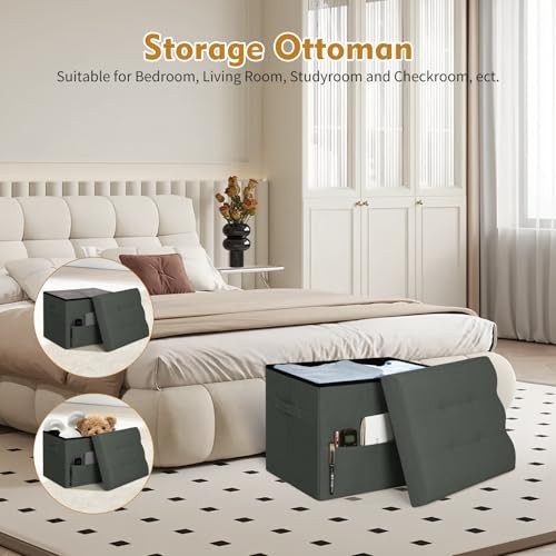 Small Ottoman with Storage, Foldable Ottoman Foot 17"D x 13"W x 13"H Gray Black
