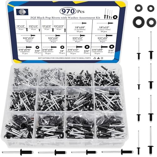 970Pcs Pop Rivets with Washer Assortment Kit, 14 Sizes Rivets 970/set Black