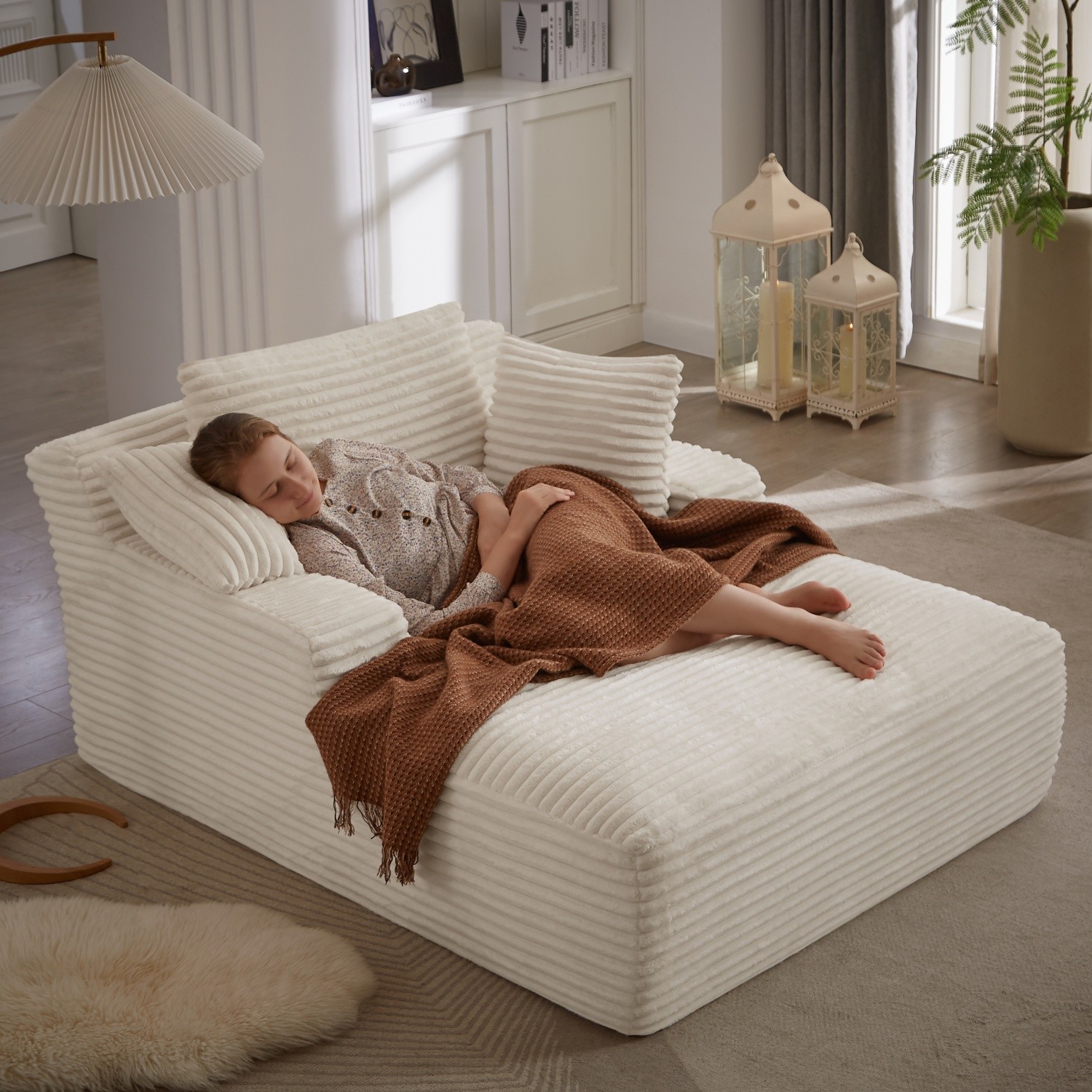 Oversized Chaise Lounge Chair Corduroy Upholstered Low Floor Chair No-Assembly