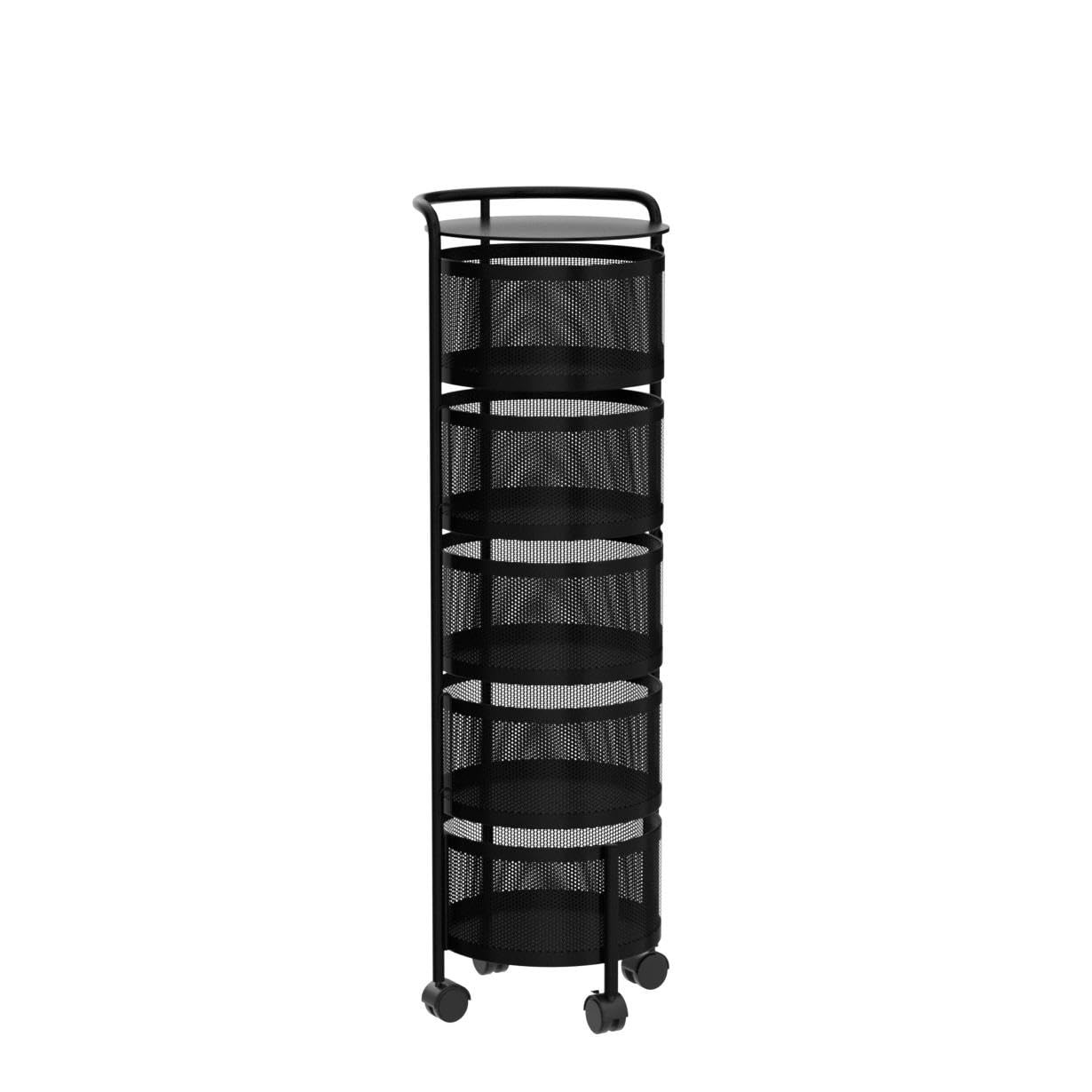 5-Tier Rotating Metal Kitchen Storage Cart on Rolling Wheels Black