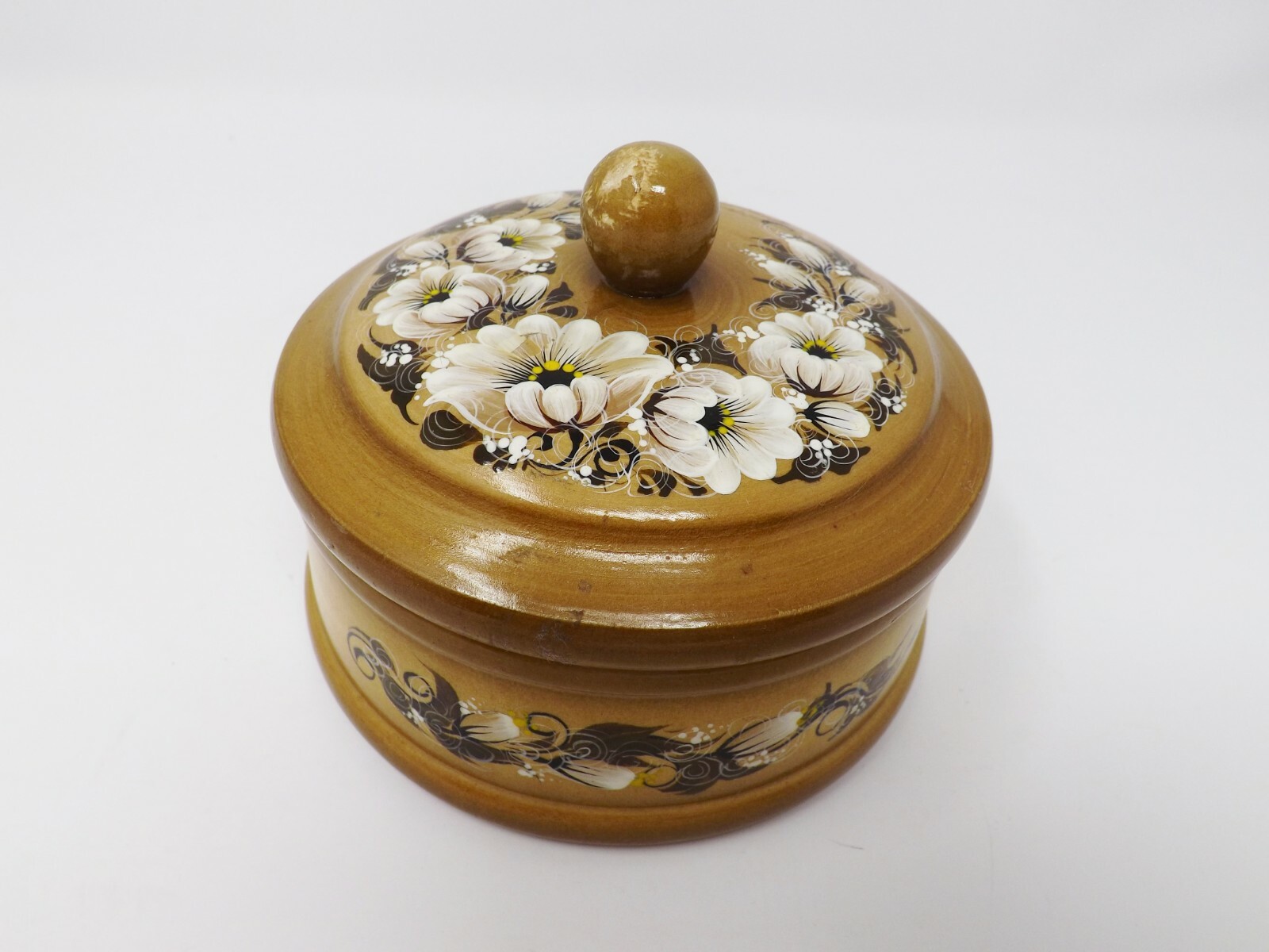 Wooden Round Flowered Trinket Box w/ Lid