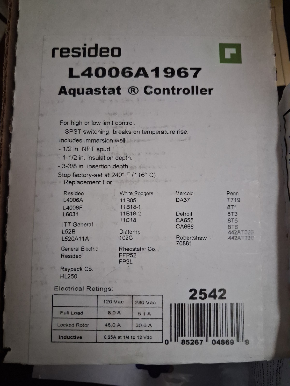 Honeywell L4006A1967 Aquastat Controller - Gray