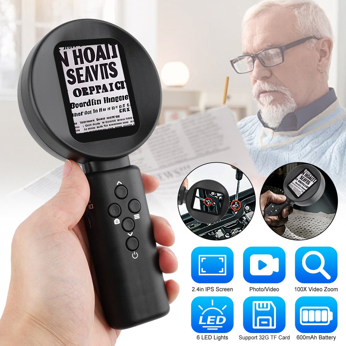 100X Digital Microscope 1080P 2.4inch Video Coin Microscop & Magnifying Glass