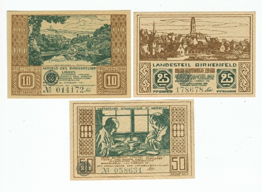 SET OF 3 GERMANY NOTGELD 10.25.50 PFENNIG BIRHENFELD 1921 UNC